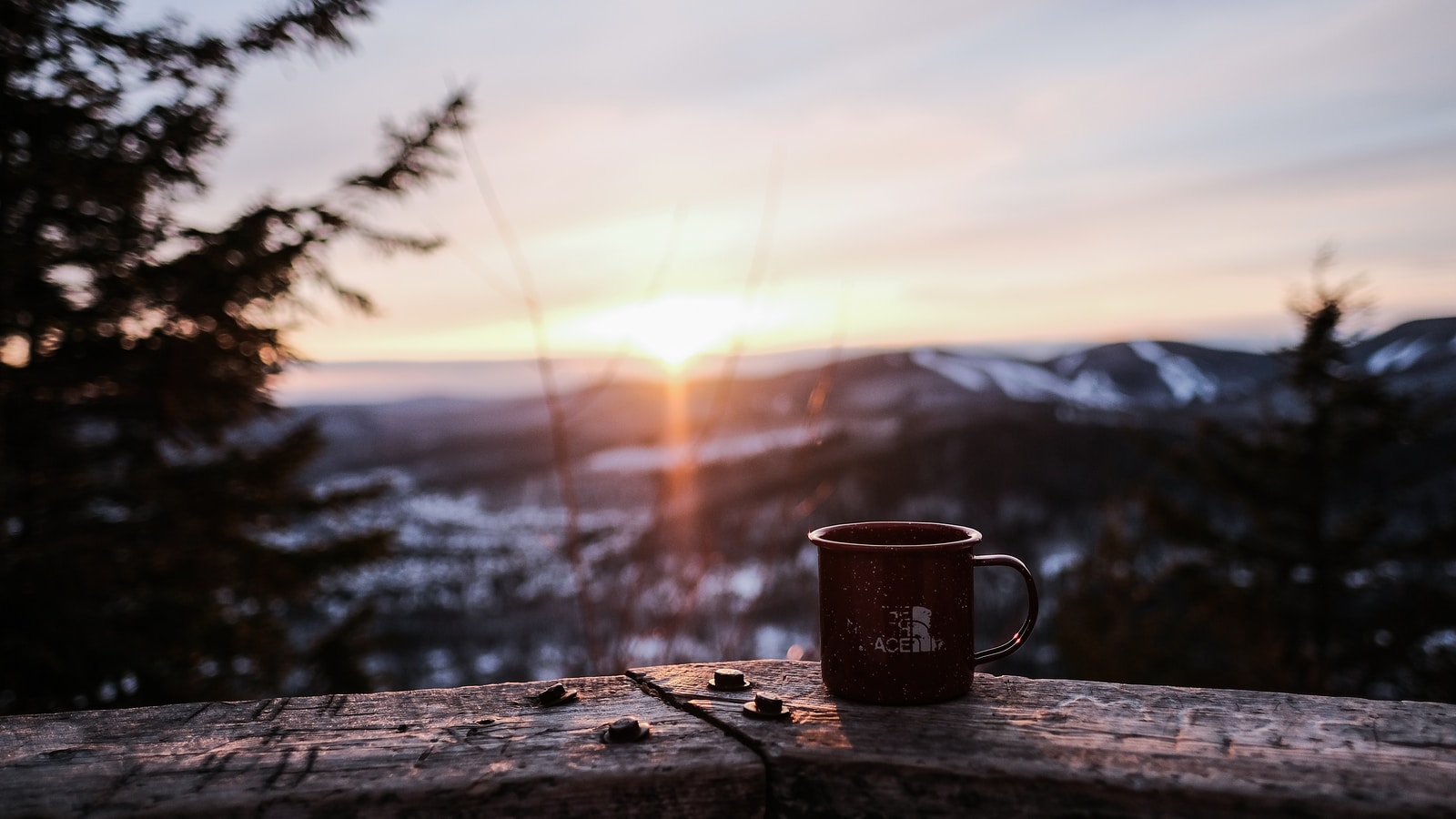 black ceramic mug on brown wooden table during sunset